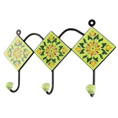 Pea Green Floral Ceramic Tile Hook